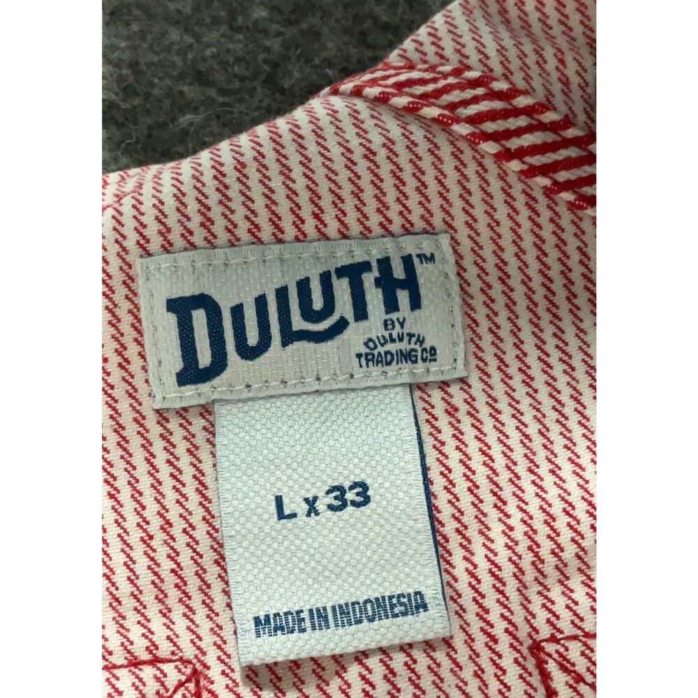 Duluth Trading Women’s L Red White Hickory Stripe Railroad Overalls Workwear Bib - Picture 8 of 10
